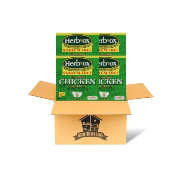Granulated Chicken Bouillon Bundle. Includes Four 1.2 Oz 8ct each Box of Herb Ox Chicken Bouillon Flavored Seasoning. Gluten Free and Sodium Free Chicken Bouillon. Comes with a Good For My Home Box!